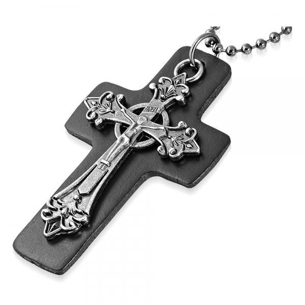 Pandantiv cruce piele neagra cu lant militar si Crucifix [1]